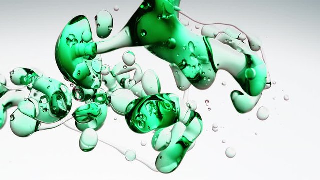 transparent petrol, green blue oil bubbles and fluid shapes in purified water on a white gradient background. Side angle with crystal colored bubbles in purified water cosmetic backdrop with copy spac