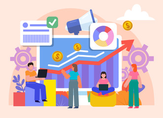 Naklejka na ściany i meble Graph, chart, financial report analysis. Group of people stand near big screen with various graphs. Poster for social media, web page, banner, presentation. Flat design vector illustration