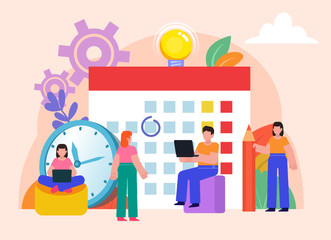 Work planner, time management. Group of people stand near big calendar, watches. Poster for social media, web page, banner, presentation. Flat design vector illustration