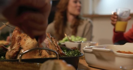 Millennial adult friends celebrating Thanksgiving together at home 