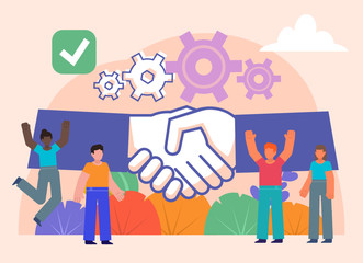 Successful business agreement, friendship or partnership. Group of people stand near big hands handshake. Poster for social media, web page, banner, presentation. Flat design vector illustration