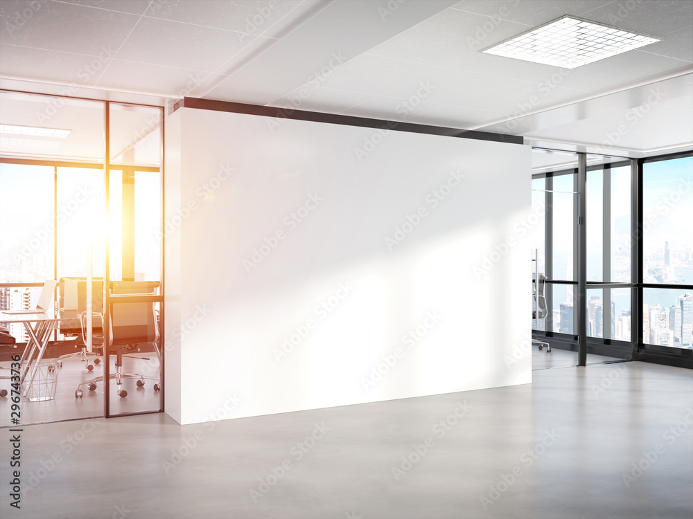 Poster blank white wall in concrete office with large windows mockup 3d rendering