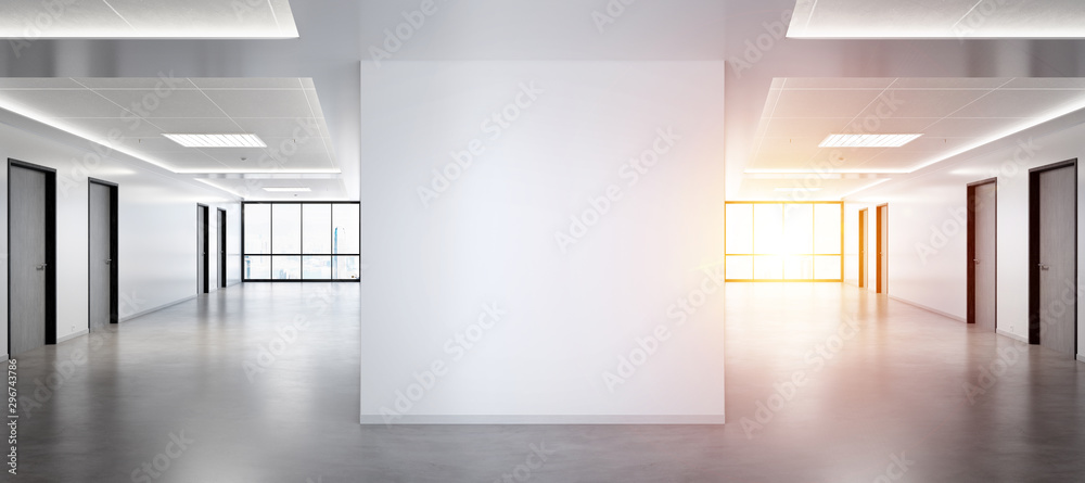 Poster Blank squared wall in office mockup with large windows and sun passing through 3D rendering