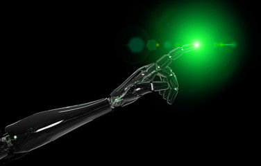 Black and green intelligent robot cyborg arm pointing finger on dark 3D rendering