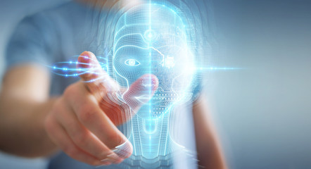 Businessman using digital artificial intelligence head interface 3D rendering