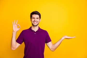 Portrait of his he nice attractive content cheerful cheery glad guy wearing lilac shirt holding copy space on palm showing ok-sign isolated on bright vivid shine vibrant yellow color background © deagreez