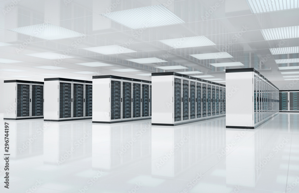 Fototapete white servers center room with computers and storage systems 3d rendering