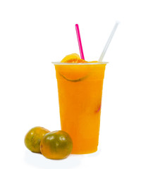 Slush ice with orange in Plastic Cup on white background.