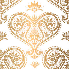Gold and white seamless floral pattern with decorative hearts. Vintage vector background template, luxury flourish elements. Great for fabric, wallpaper, decoration, packaging or any esired idea.