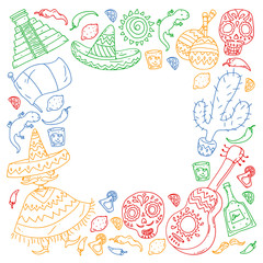 Travel to Mexico. Vector set with ethnic elemets for wallpapers, backgrounds. Day of the Dead