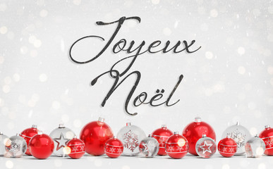 Fototapeta na wymiar Christmas card greetings with red and white christmas baubles 3D rendering in French