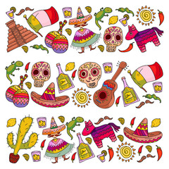 Travel to Mexico. Vector set with ethnic elemets for wallpapers, backgrounds. Day of the Dead