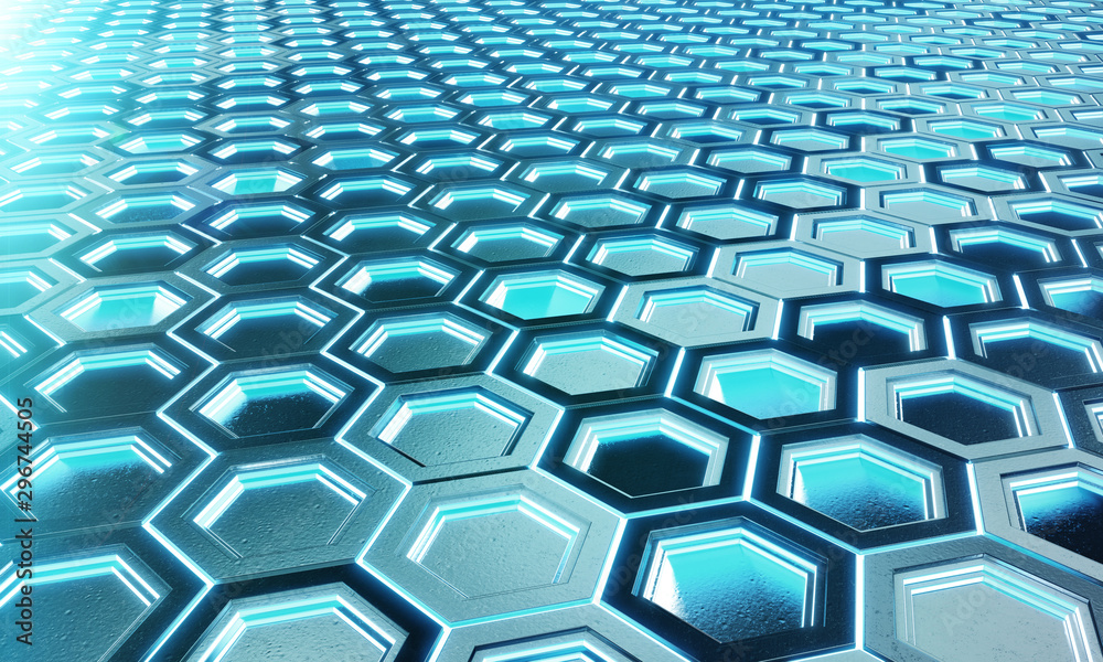 Poster glowing black and blue hexagons background pattern on silver metal surface 3d rendering