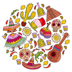 Travel to Mexico. Vector set with ethnic elemets for wallpapers, backgrounds. Day of the Dead