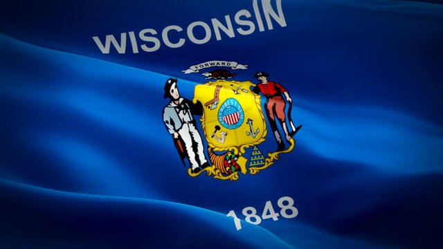 Wisconsin State flag video waving in wind. Realistic US State Flag background. &lrm;Madison Wisconsin Flag Looping closeup 1080p Full HD 1920X1080 footage. Wisconsin USA United States country flags footag