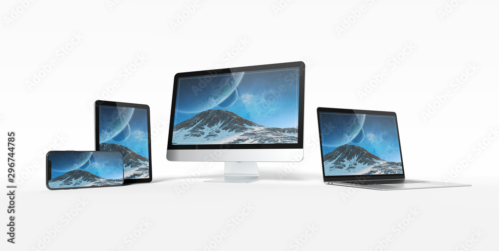 Aufkleber Modern devices with smartphone laptop computer and tablet aligned and isolated on white mockup 3D rendering