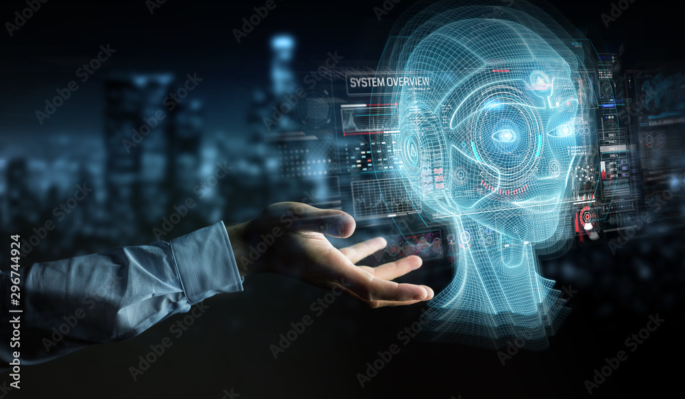 Poster businessman using digital artificial intelligence head interface 3d rendering