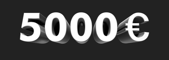 5000€ five thousand euro euro number rendering. Metallic silver 3D numbers. 3D Illustration. Rendering. Isolated on black background	