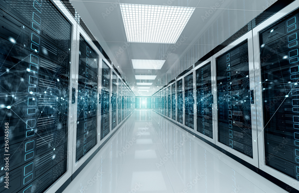 Fototapete connection network in servers data center room storage systems 3d rendering