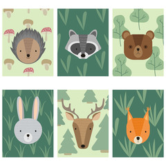 Vector set of cards with wild animals. Cute forest animals: raccoon, deer, squirrel, hedgehog, hare, bear, Cartoon hand drawn illustration for children