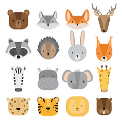 Vector set of cute forest and jungle animals. Wild cartoon animals: raccoon, deer, squirrel, hedgehog, hare, bear, fox, beaver, wolf, lion, cheetah, tiger, zebra, elephant, hippo, giraffe.
