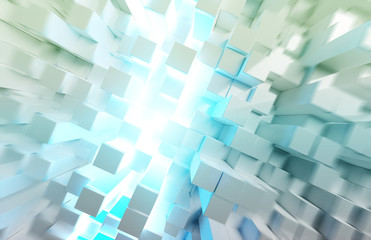 Glowing white and blue squares background pattern 3D rendering