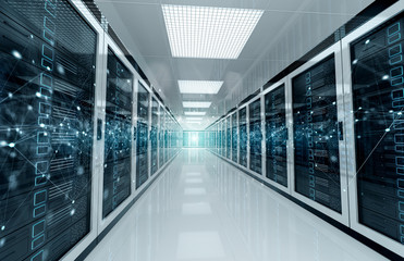 Connection network in servers data center room storage systems 3D rendering