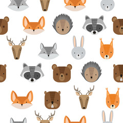 Seamless pattern with vector cute forest animals. Wild woods characters: raccoon, deer, squirrel, hedgehog, hare, bear, beaver, fox and wolf. Cartoon illustration for children.