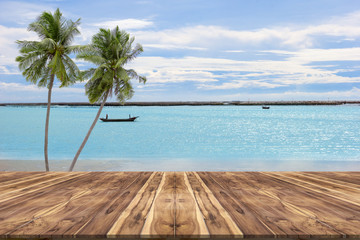 top desk with Coconut tree and sky background,wooden table
