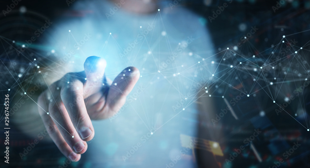 Poster businessman using floating digital network connections with dots and lines 3d rendering