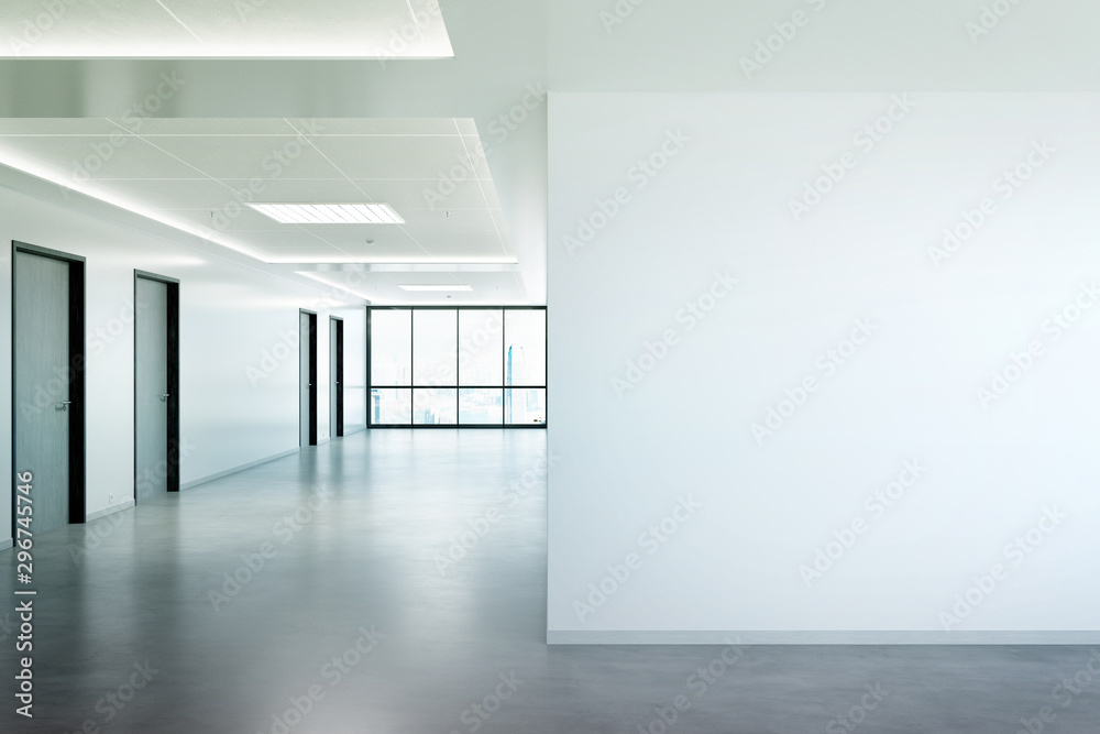 Aufkleber Blank wall in office mockup with large windows and sun passing through 3D rendering