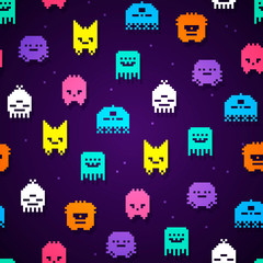 Vector Illustration seamless 8bit pixel monsters pattern. Retro game monster texture.