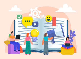 Online video blog, to keep diary concept. Group of people stand near big exercise book, diary. Flat design vector illustration