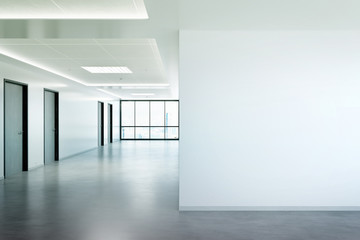 Blank wall in office mockup with large windows and sun passing through 3D rendering