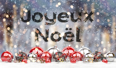 Fototapeta premium Christmas card greetings with red and silver christmas baubles 3D rendering in French
