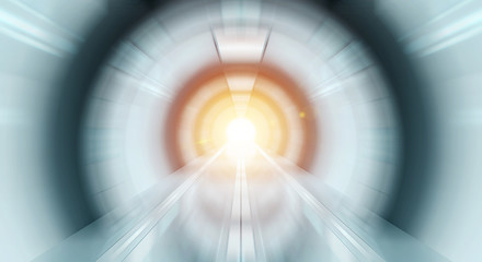 Abstract zoom effectin a bright tunnel background with traffic lights