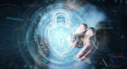 Businessman using digital padlock security interface to protect datas 3D rendering