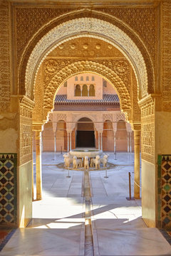 Famous courtyard in the Alhambra with lion court. (Granada, Spain)