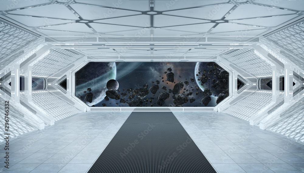 Leinwandbilder White blue spaceship futuristic interior with window view on space and planets 3d rendering