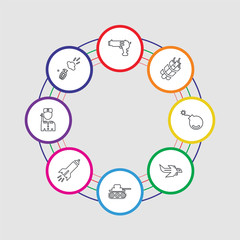 8 colorful stroke icons set included explosion, soldier, missile, tank, jet, bomb, dynamite, gun