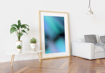 Wooden frame leaning in bright white living room with plants and decorations mockup 3D rendering