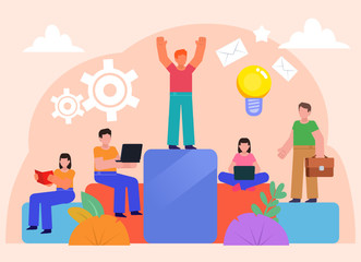 Team leader, work, career ladder growth. Group of people stand on growth steps. Poster for social media, web page, banner, presentation. Flat design vector illustration