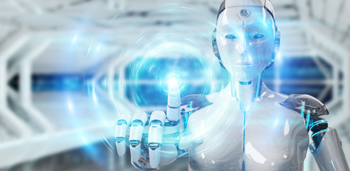 White humanoid robot creating new futuristic energy power source 3D rendering