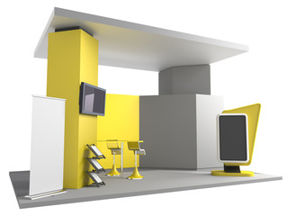 Stand With Interactive Information Kiosk. Retail Trade Stand. Exhibition Booth Counter Illustration. 3D render