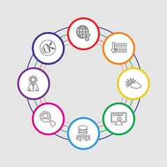 8 colorful stroke icons set included noise, intelligence, search, database, cookies, cloud, backup, link