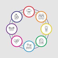 8 colorful stroke icons set included coffee cup, eye mask, brazil, sea, parrot, hot air balloon, flip flops, football jersey