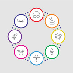 8 colorful stroke icons set included garlands, flower, headdress, palm tree, ice cream, tambourine, drum, costume