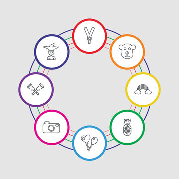 8 colorful stroke icons set included joker, vuvuzela, photo camera, balloons, pineapple, rainbow, monkey, medal