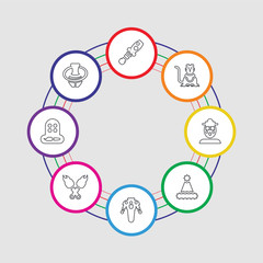 8 colorful stroke icons set included ring, face paints, fire gear, clown costume, clown hat, mime, circus tiger, jugglin mace