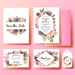 set of wedding invitation watercolor flower rose pink and purple with green leaf
